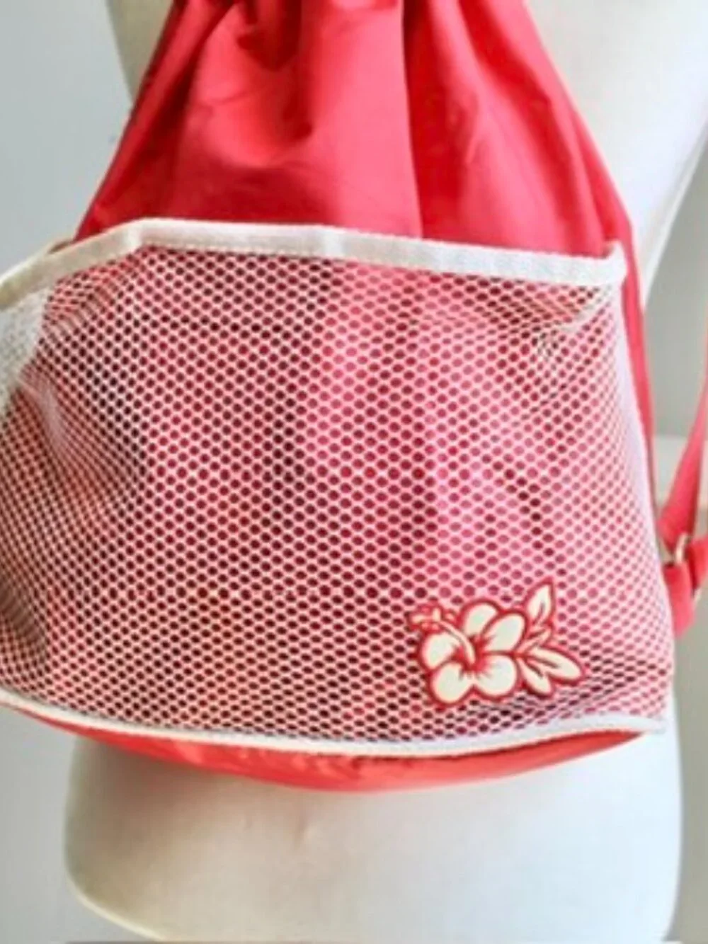 Vintage Y2K Red Nylon Floral Mesh Drawstring Outdoors Beach Bag Mini Backpack